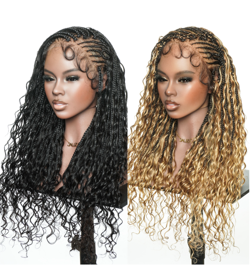 Avery Fulani Cheveux Humains Perruque Sans Colle Lace Suisse HD Tressée en Cornrows Devant Tresses Boîte Bohème Ondulées 60 cm