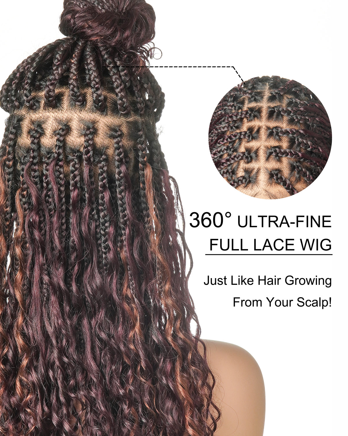 Perruque Boho tressée avec des boucles Boho en cheveux humains Full Lace HD, pré-décolorés, bordeaux foncé 99J, 100 mèches