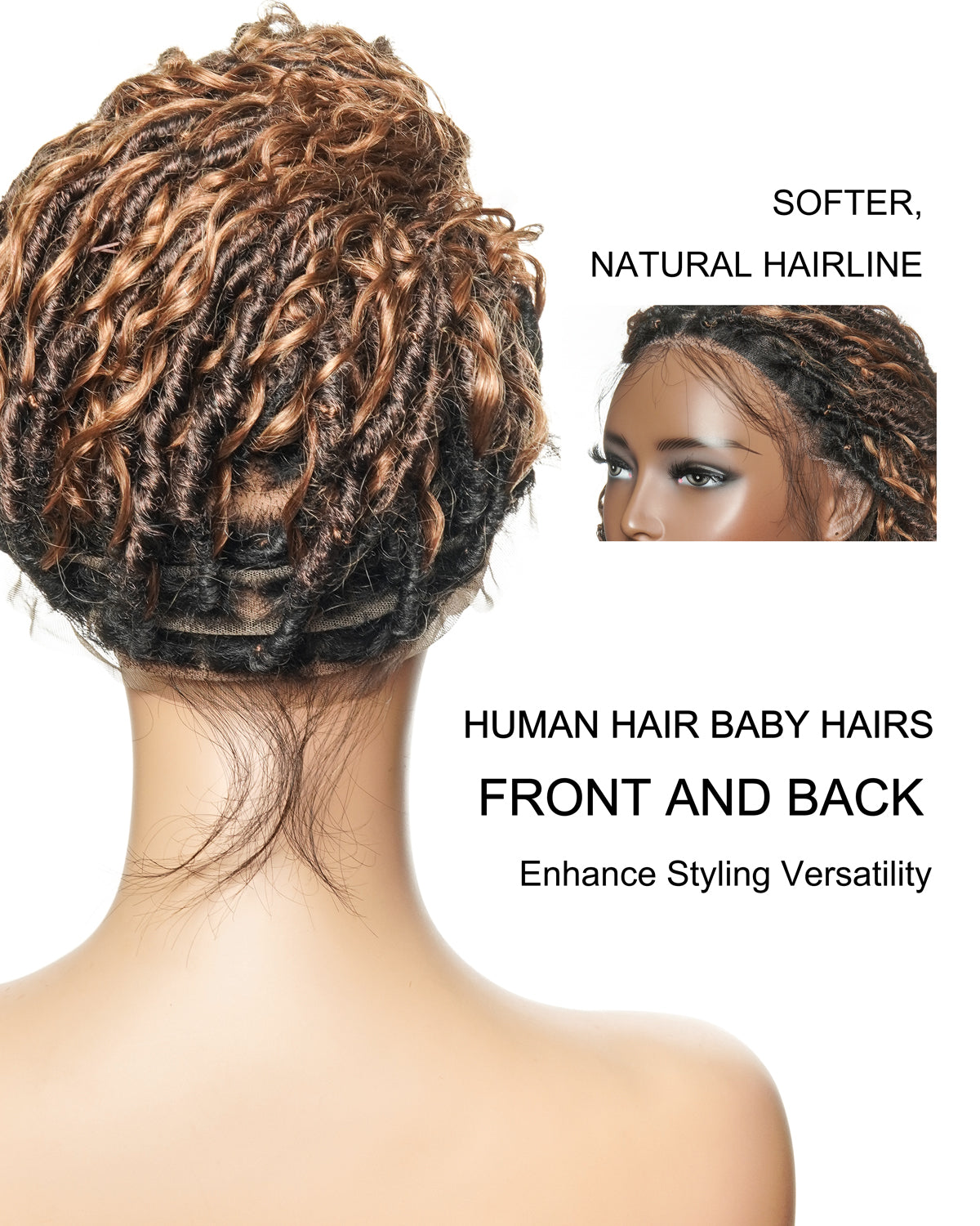 Lola - Perruque Boho Locs suisse HD pré-blanchie de 16 po avec boucles Boho en cheveux naturels