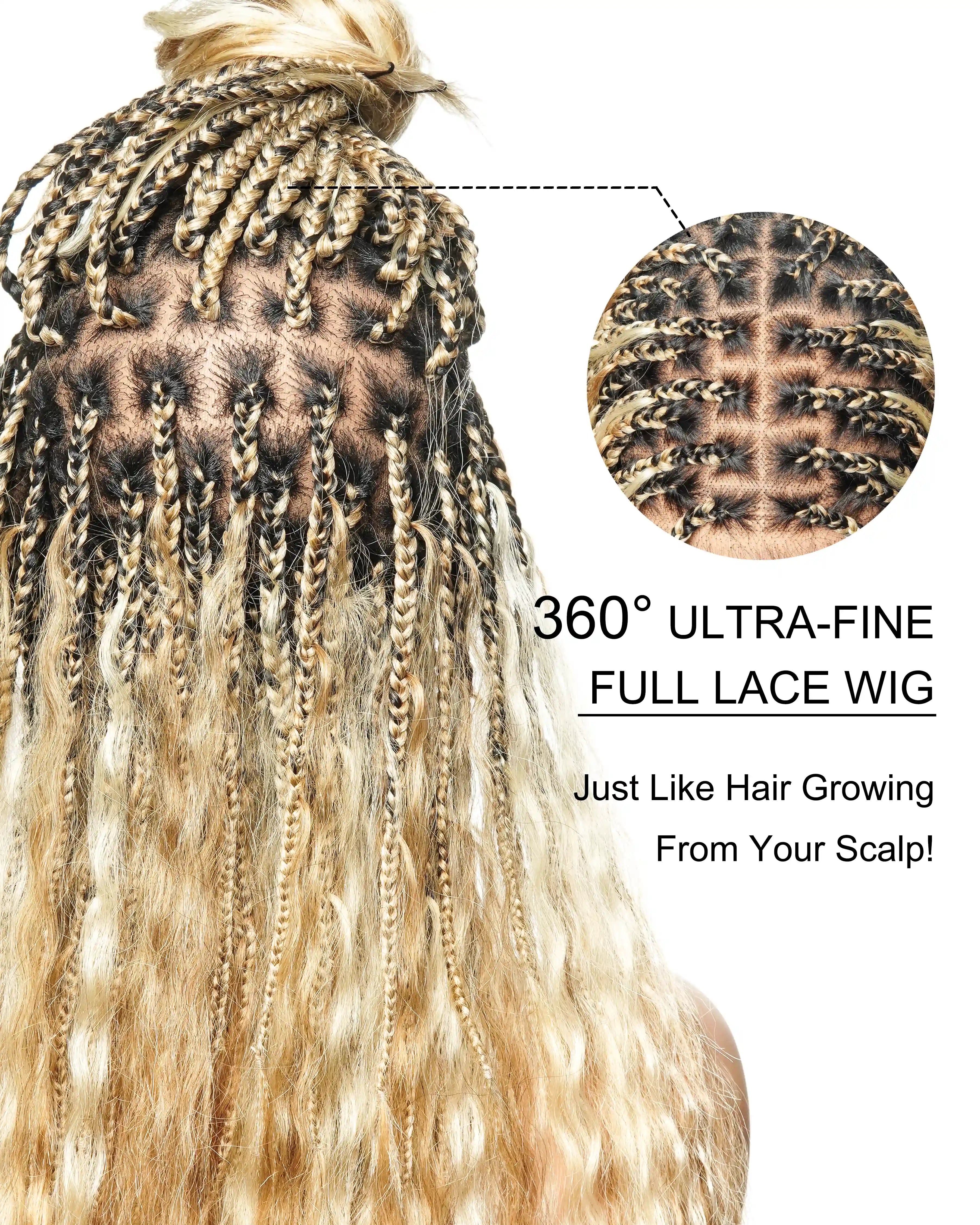 Cheveux humains Super Boho Couleur #27/613 Cheveux humains pré-décolorés Perruque tressée de type Boho sans nœuds avec dentelle, très dense, 100 mèches
