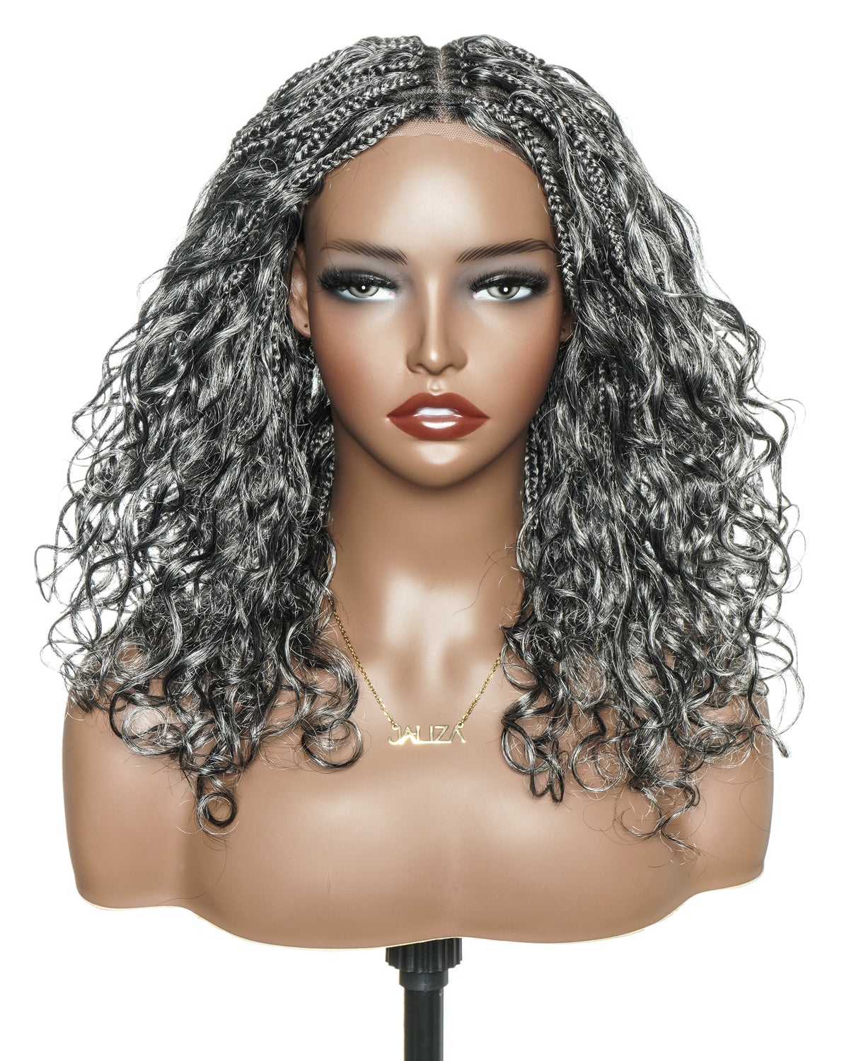 Coco - Perruque tressée de type "boho box braid" sans colle, poivre et sel