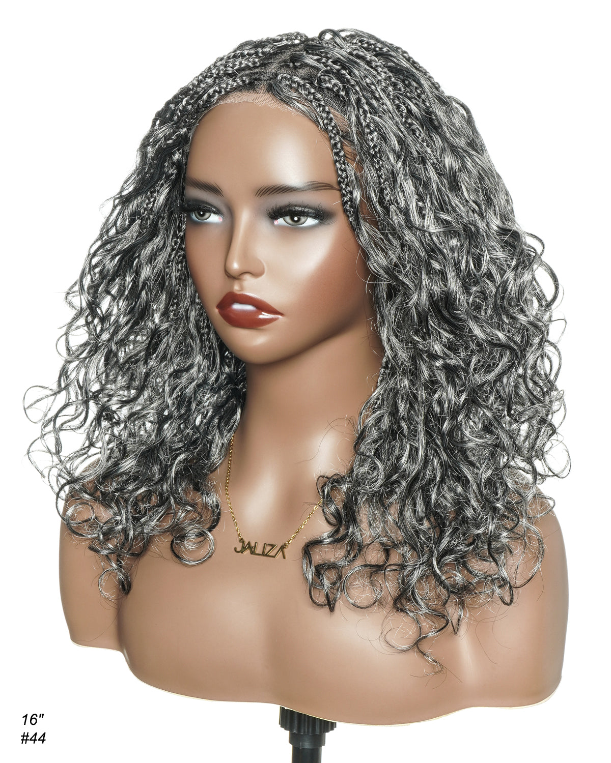 Coco - Perruque tressée de type "boho box braid" sans colle, poivre et sel