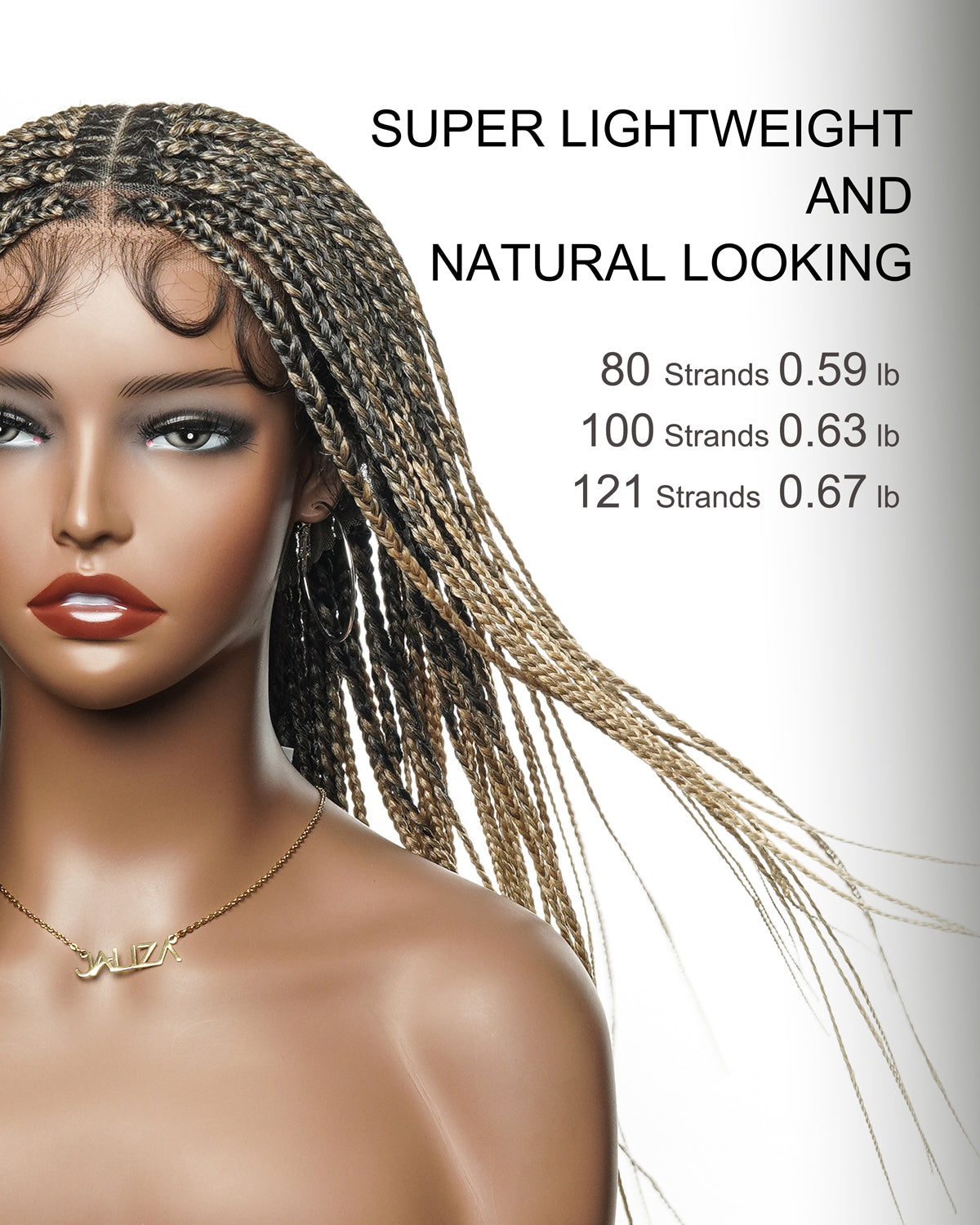 Kora - Perruque tressée sans nœuds légère en dentelle HD Swiss, cheveux humains décolorés, 100 mèches