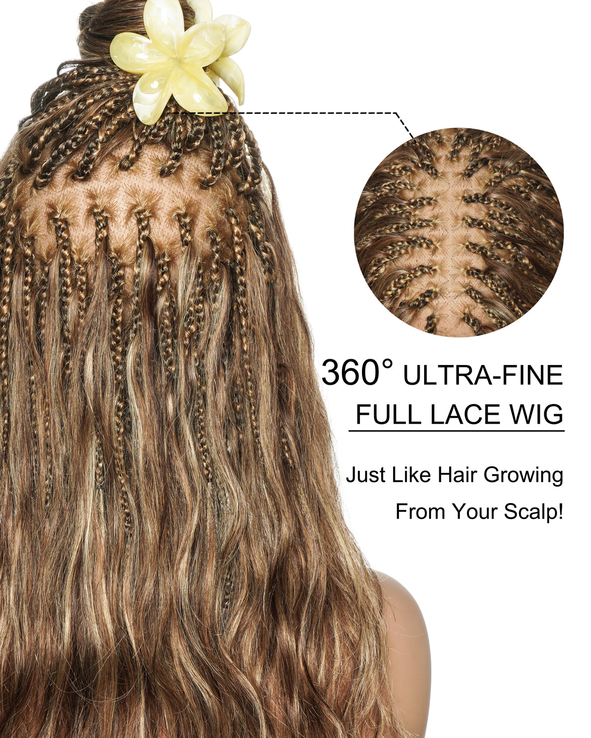 Michelle - Perruque Bora Bora tressée, style bohème, en dentelle suisse HD, avec mèches balayage #4/30/27 décolorées, 22 pouces