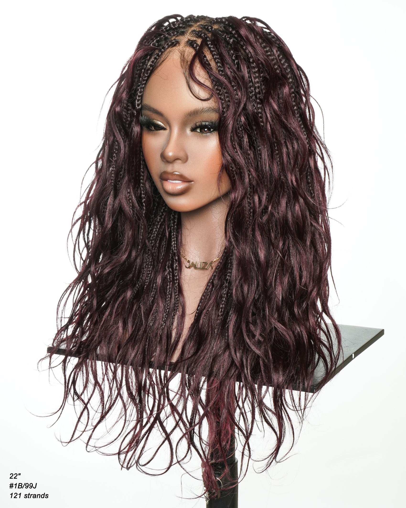 Michelle - Perruque tressée de type "Boho Box Braids" Bora Bora bordeaux de 22"