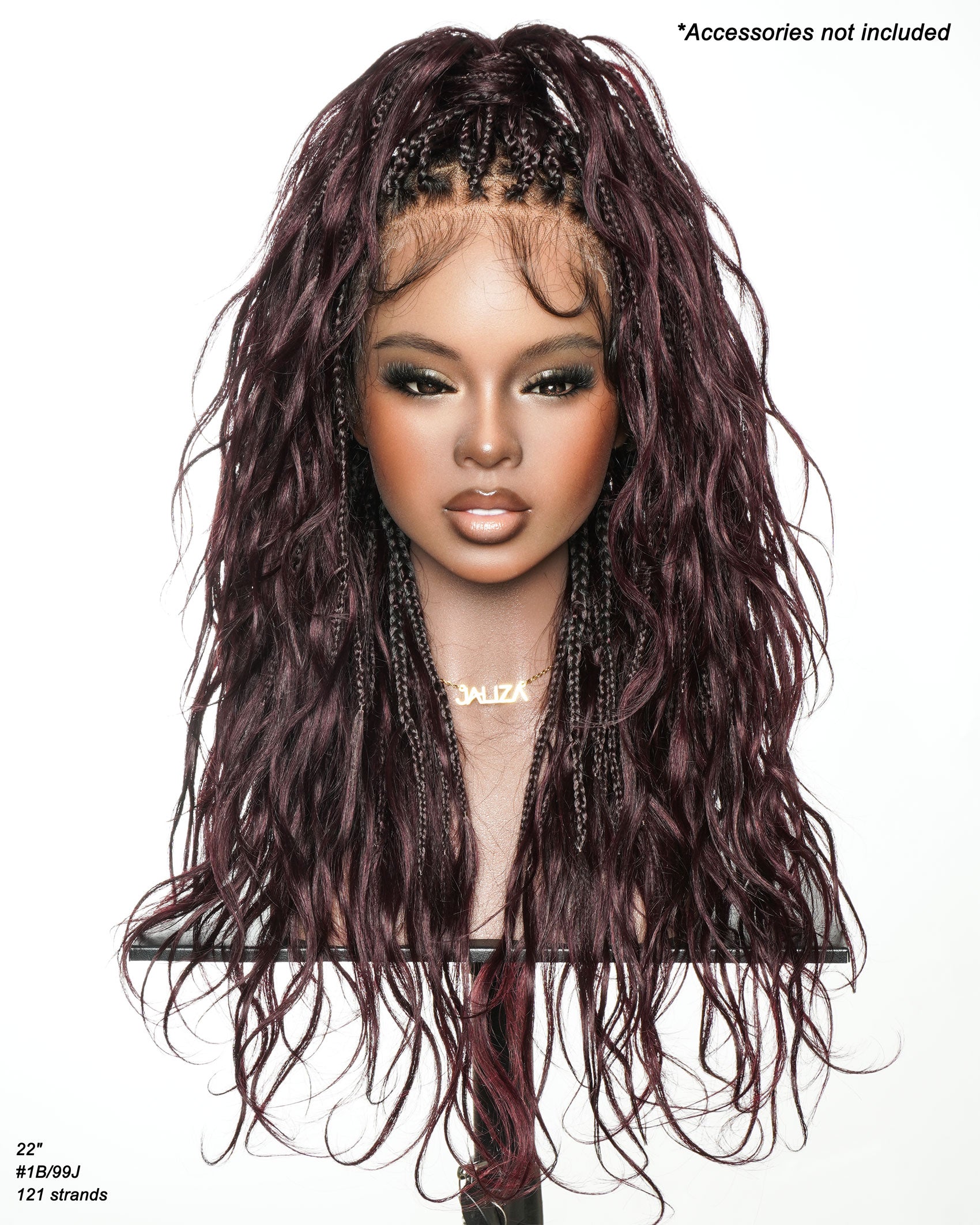 Michelle - Perruque tressée de type "Boho Box Braids" Bora Bora bordeaux de 22"