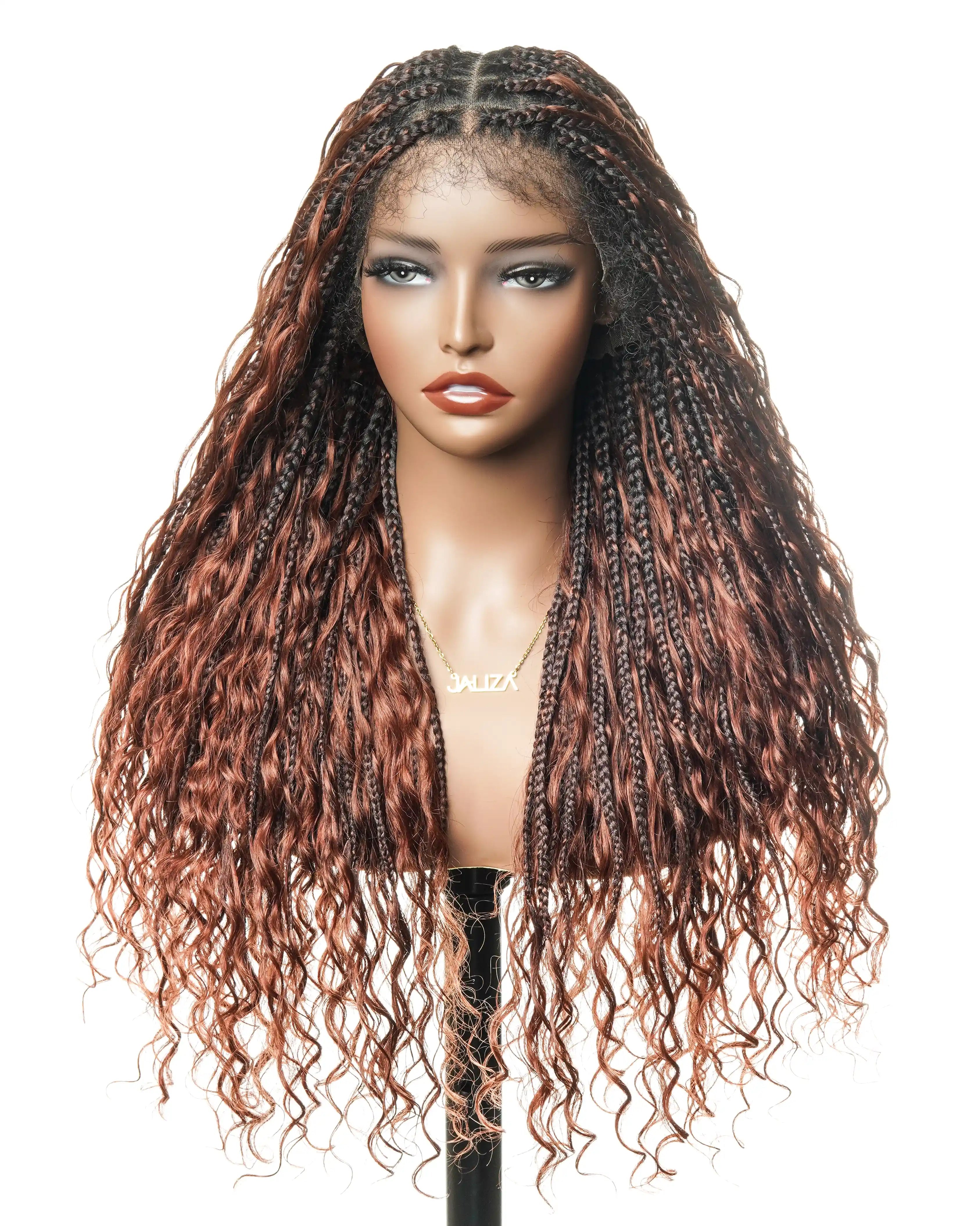 Perruque Ultra Complète 28" Cheveux Humains Châtain Acajou Foncé #33 Tresses Boîtes Bohème Sans Nœuds HD Lace Entière