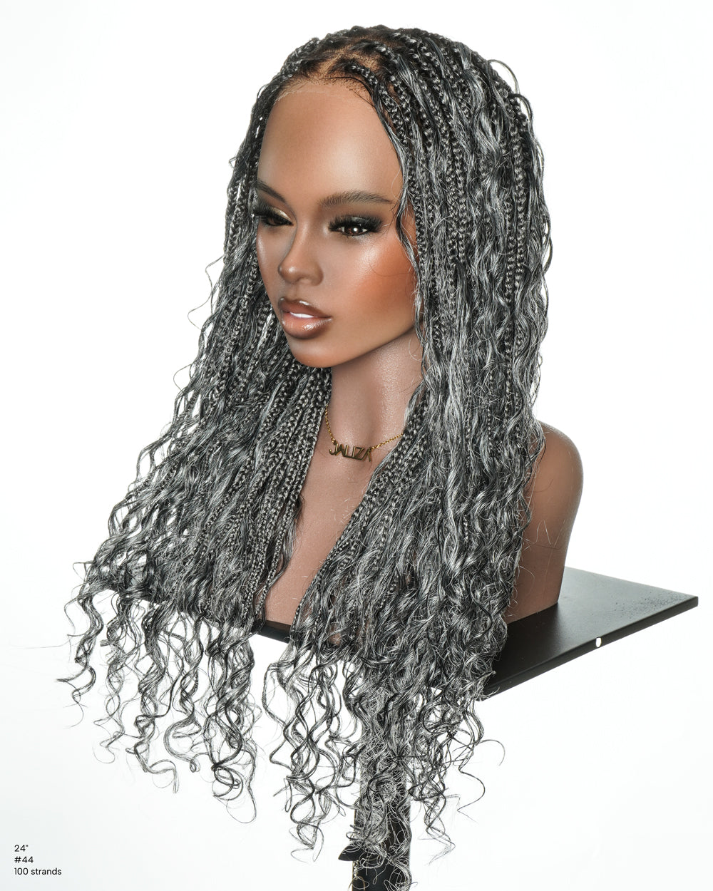 Perruque tressée de 24 po en dentelle complète « Salt & Pepper » avec cheveux humains ondulés et boucles synthétiques, base #44