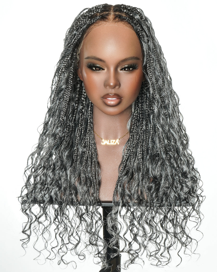 Perruque tressée de 24 po en dentelle complète « Salt & Pepper » avec cheveux humains ondulés et boucles synthétiques, base #44
