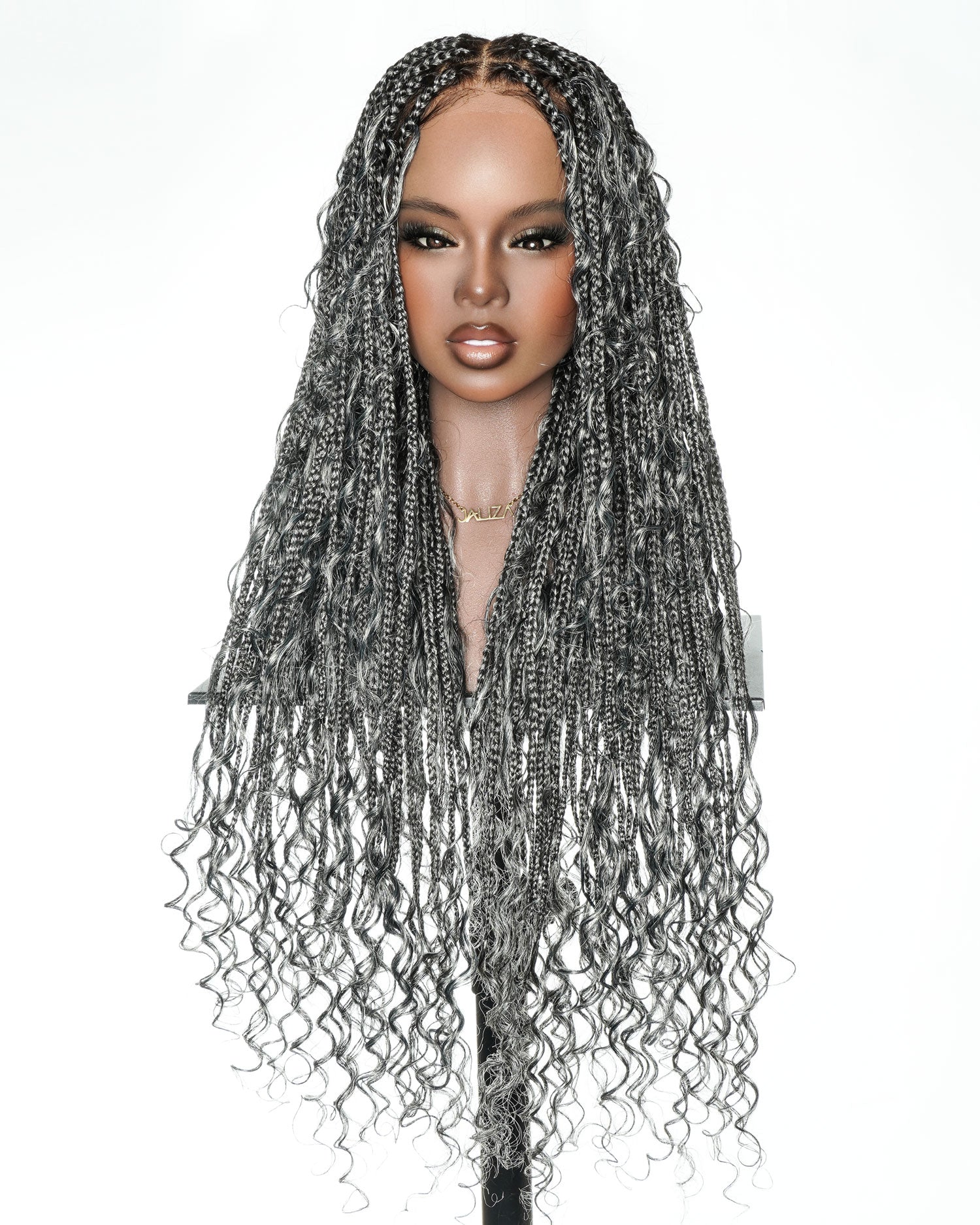 Perrque tressée de 30" style Boho sans nœuds sel et poivre
