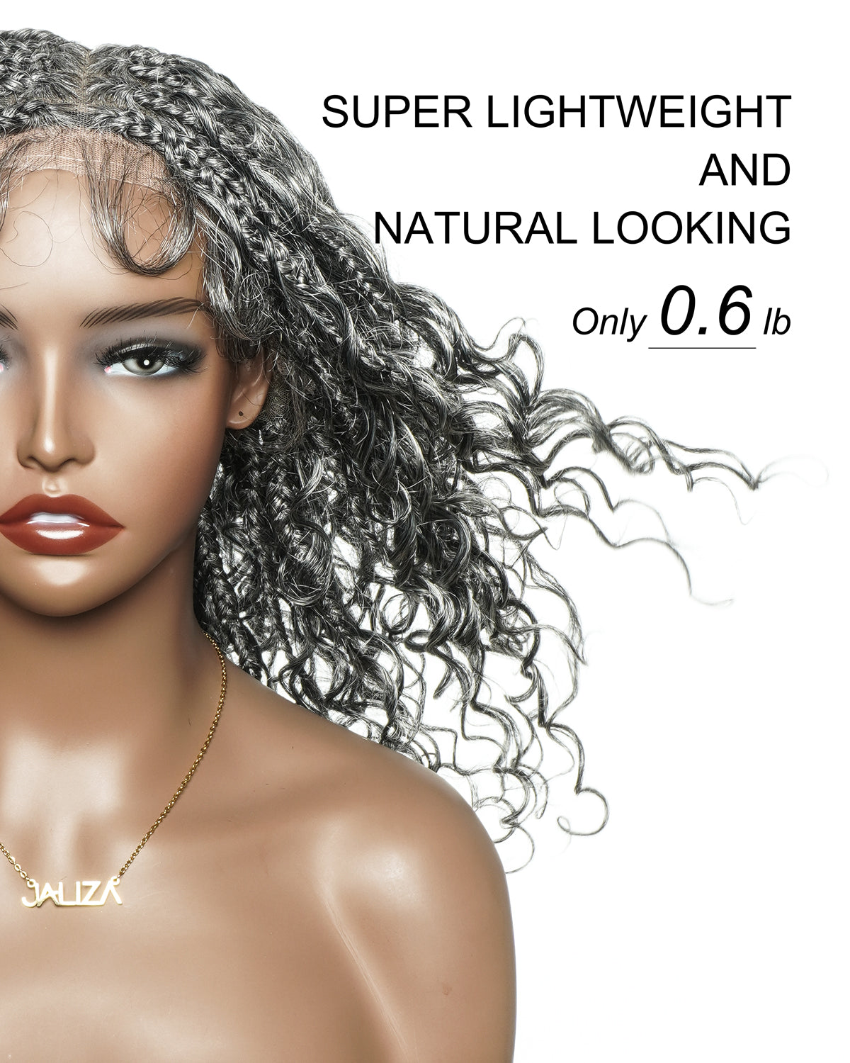 Perruque tressée Boho sans colle avec boucles ondulées profondes de 16 po, style sel et poivre, dentelle complète HD – Mélange de cheveux humains et synthétiques