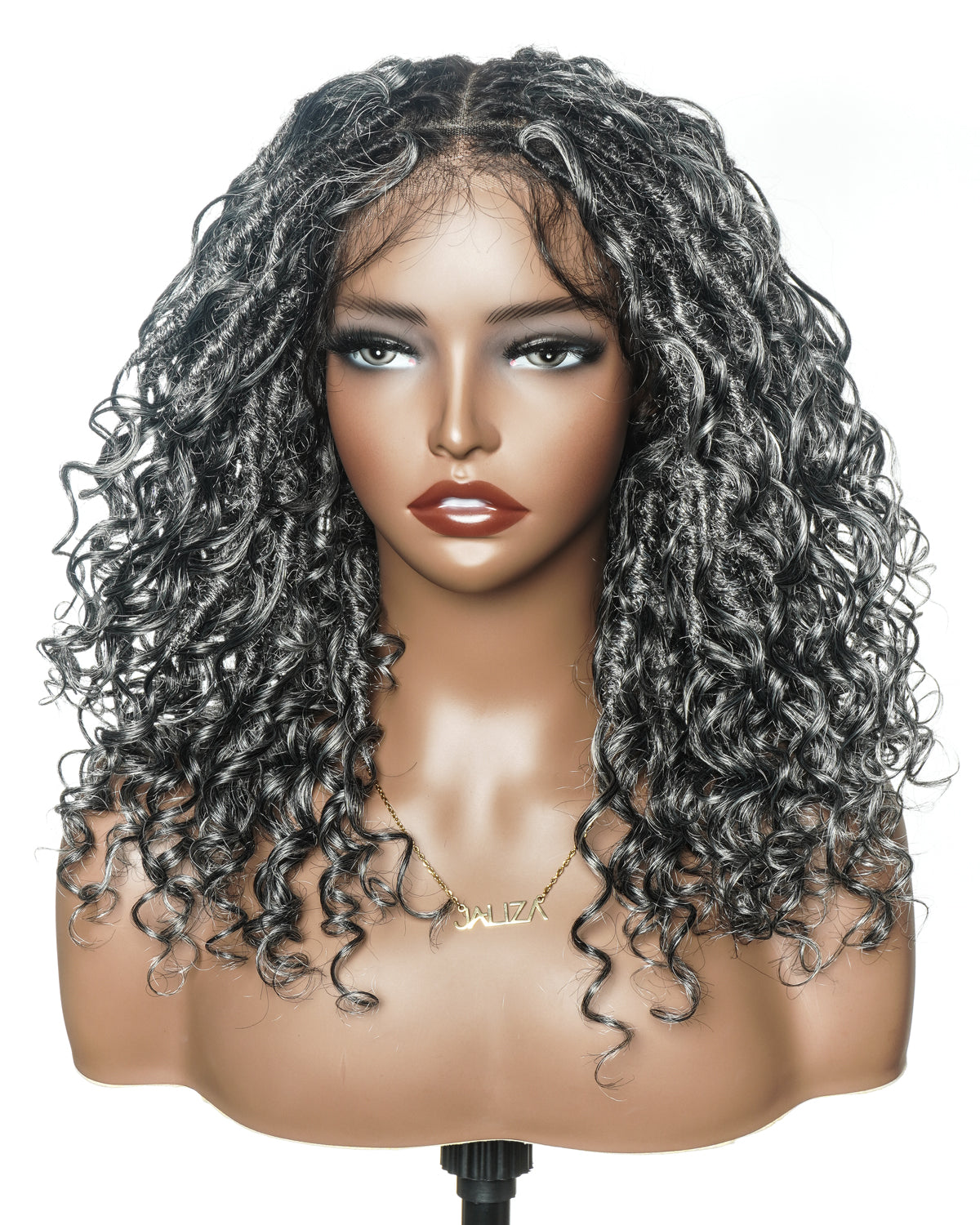 Lola - Perruque 16" tressée décolorée avec des locs Boho poivre et sel | Mélange de cheveux humains et de fibre synthétique boucles Boho