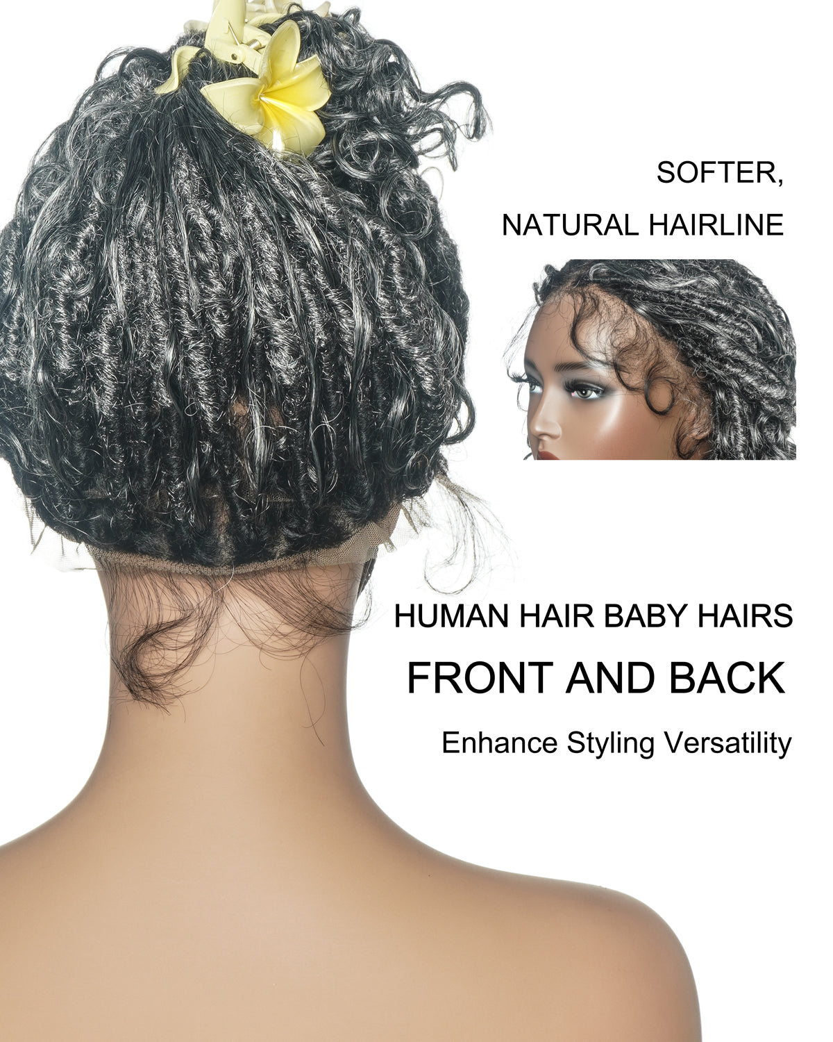 Lola - Perruque Boho Locs suisse HD pré-blanchie de 16 po avec boucles Boho en cheveux naturels
