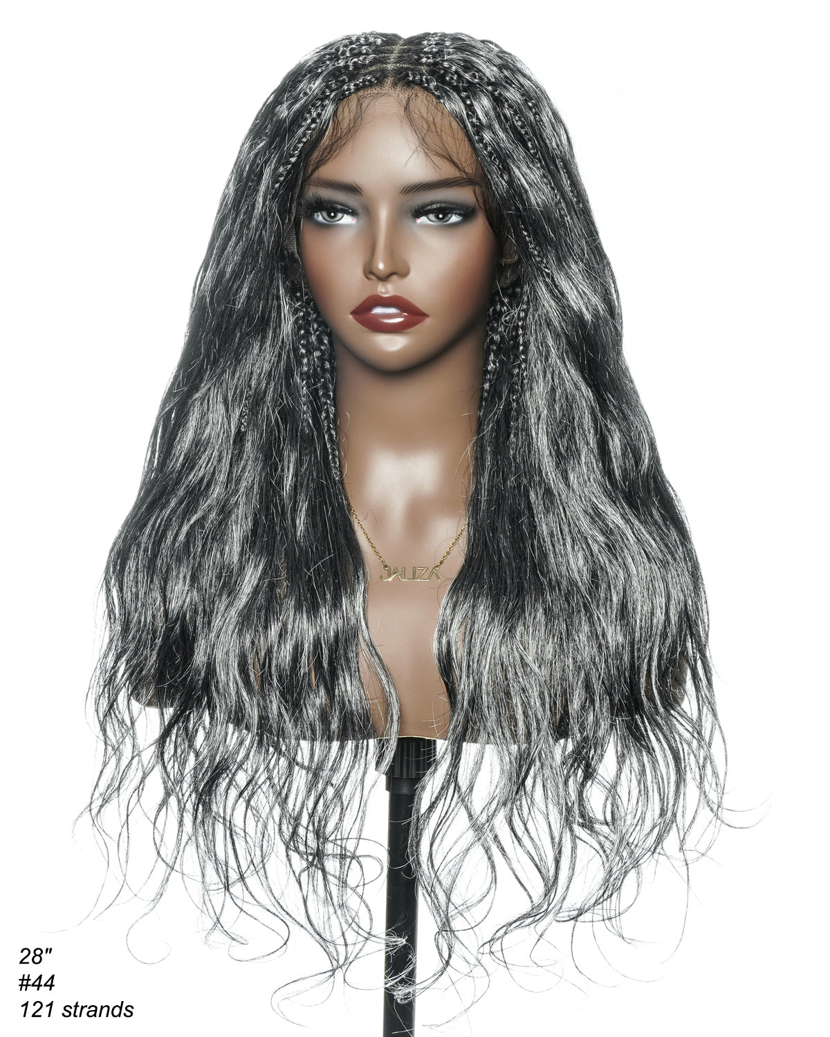 Perruque tressée bohème Michelle Salt & Pepper sans colle, dentelle suisse HD intégrale – Cheveux humains et mélange synthétique bouclés base 1B