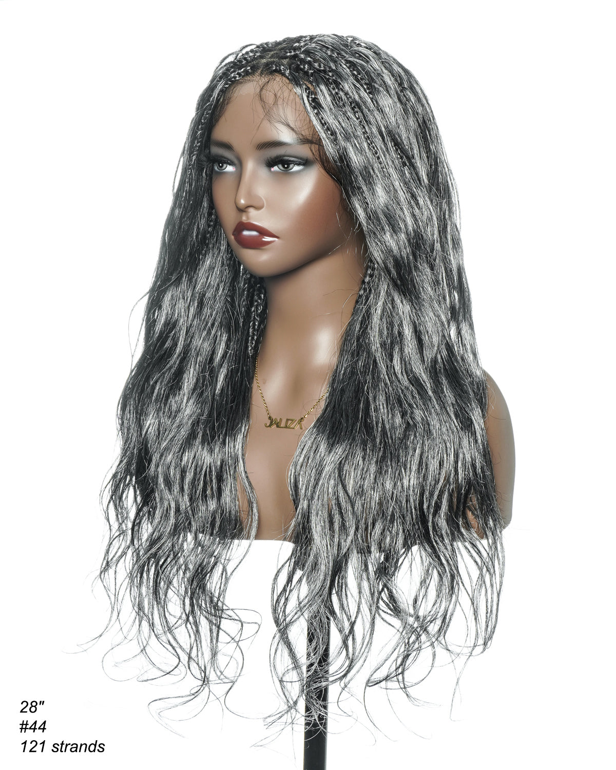 Perruque tressée bohème Michelle Salt & Pepper sans colle, dentelle suisse HD intégrale – Cheveux humains et mélange synthétique bouclés base 1B