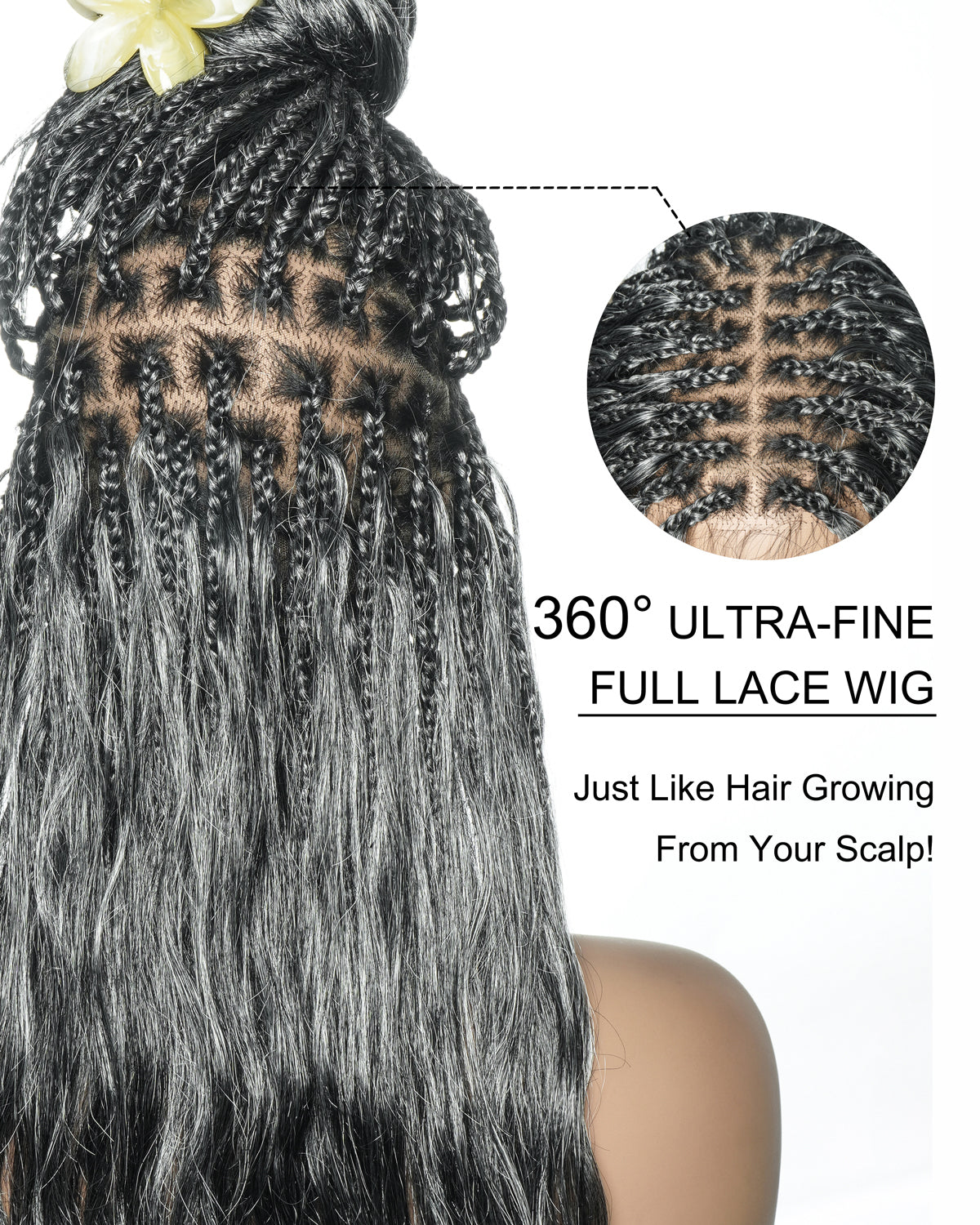 Perruque tressée bohème Michelle Salt & Pepper sans colle, dentelle suisse HD intégrale – Cheveux humains et mélange synthétique bouclés base 1B