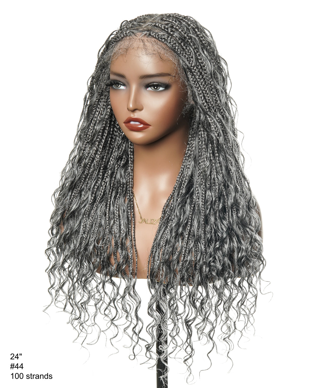 Perruque tressée de 24 po en dentelle complète « Salt & Pepper » avec cheveux humains ondulés et boucles synthétiques, base #44