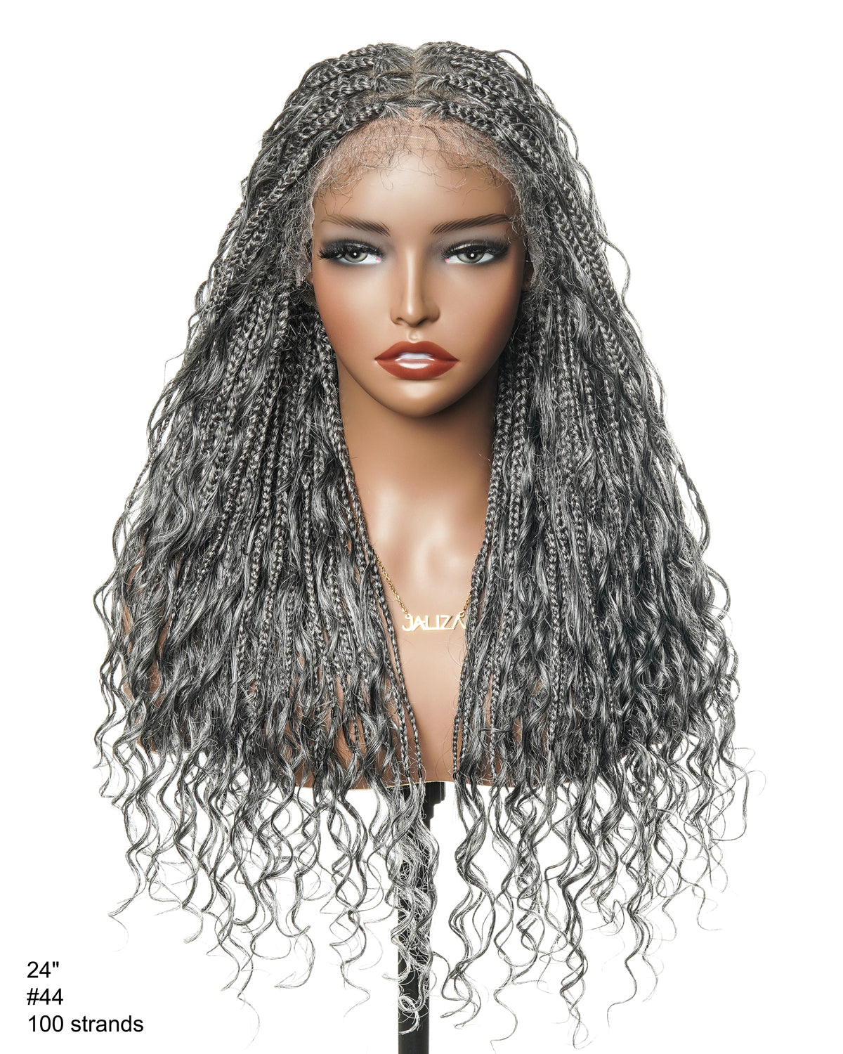 Perruque tressée de 24 po en dentelle complète « Salt & Pepper » avec cheveux humains ondulés et boucles synthétiques, base #44