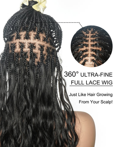 Michelle - Perruque Bora Bora Body Wave tressée de tresses Boho, entièrement lacée, cheveux humains vierges 100 % pré-décolorés