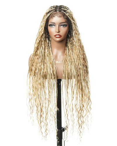 Kiki - Perruque tressée de type "Boho Box Braids" en dentelle suisse HD, pré-décolorée, 36 pouces