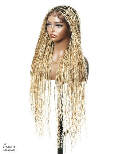 Kiki - Perruque tressée de type "Boho Box Braids" en dentelle suisse HD, pré-décolorée, 36 pouces