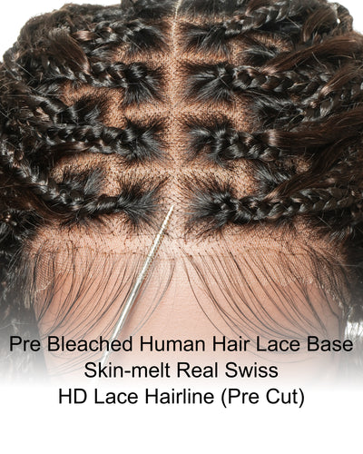 Kiki Bob - Perruque tressée carrée Boho en dentelle suisse HD pré-décolorée de 12" avec tresses et boucles Boho en cheveux naturels