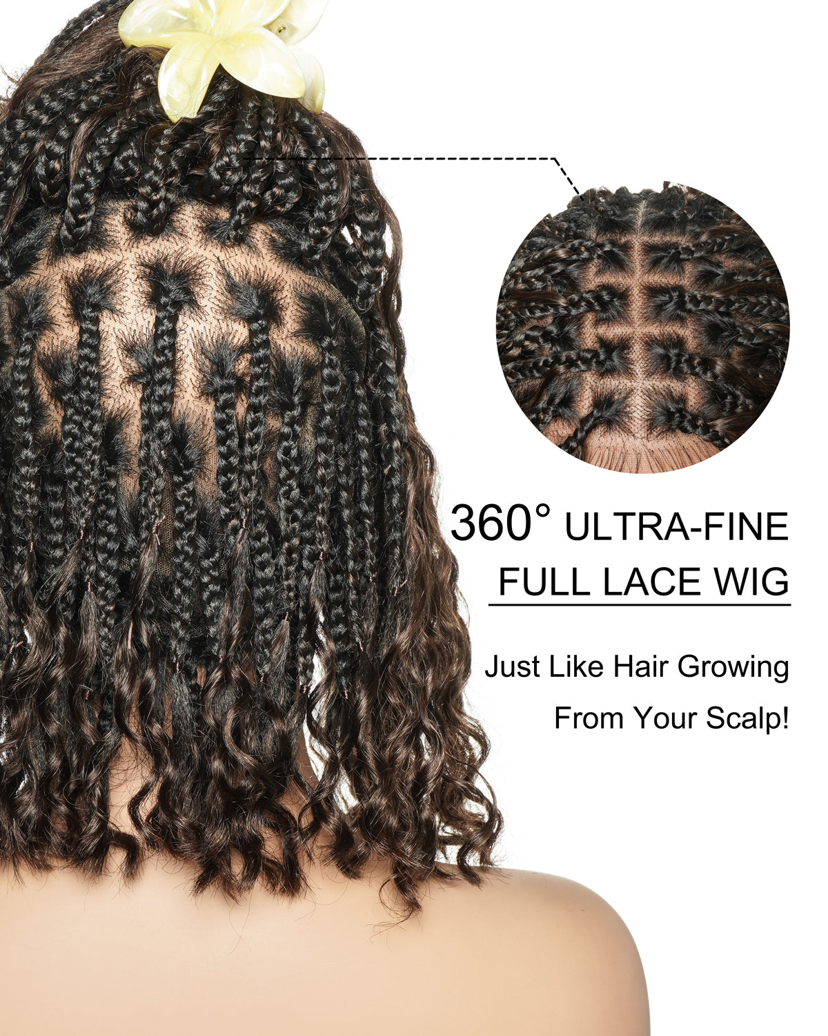 Kiki Bob - Perruque tressée carrée Boho en dentelle suisse HD pré-décolorée de 12" avec tresses et boucles Boho en cheveux naturels