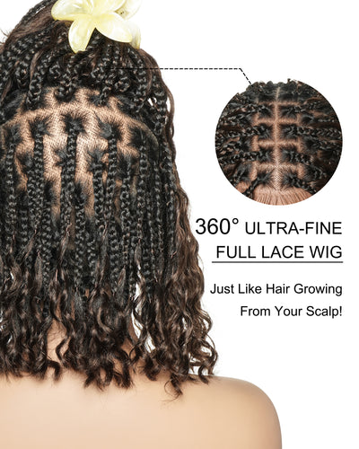 Kiki Bob - Perruque tressée carrée Boho en dentelle suisse HD pré-décolorée de 12" avec tresses et boucles Boho en cheveux naturels