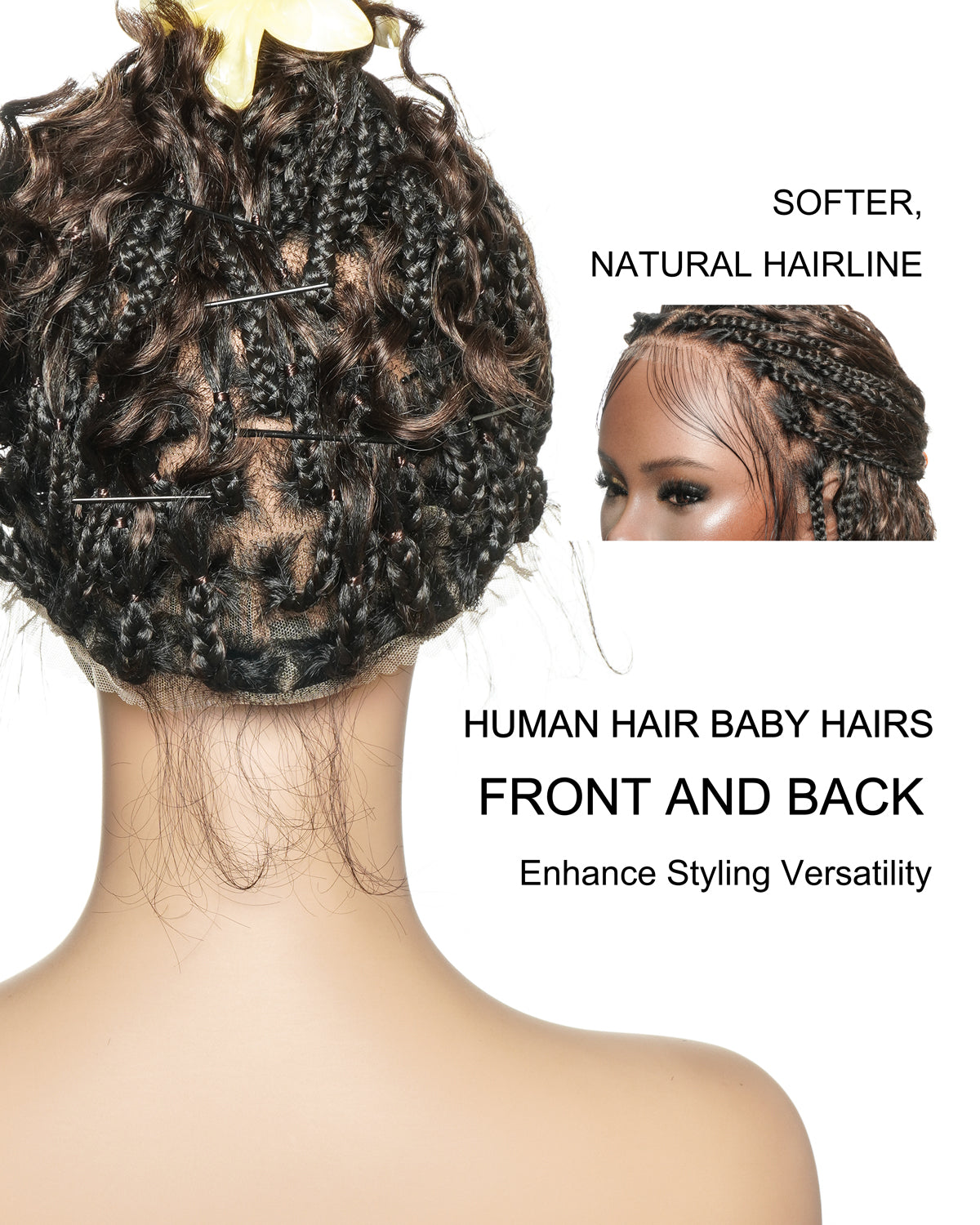 Kiki Bob - Perruque tressée carrée Boho en dentelle suisse HD pré-décolorée de 12" avec tresses et boucles Boho en cheveux naturels