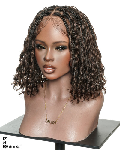 Kiki Bob - Perruque tressée carrée Boho en dentelle suisse HD pré-décolorée de 12" avec tresses et boucles Boho en cheveux naturels