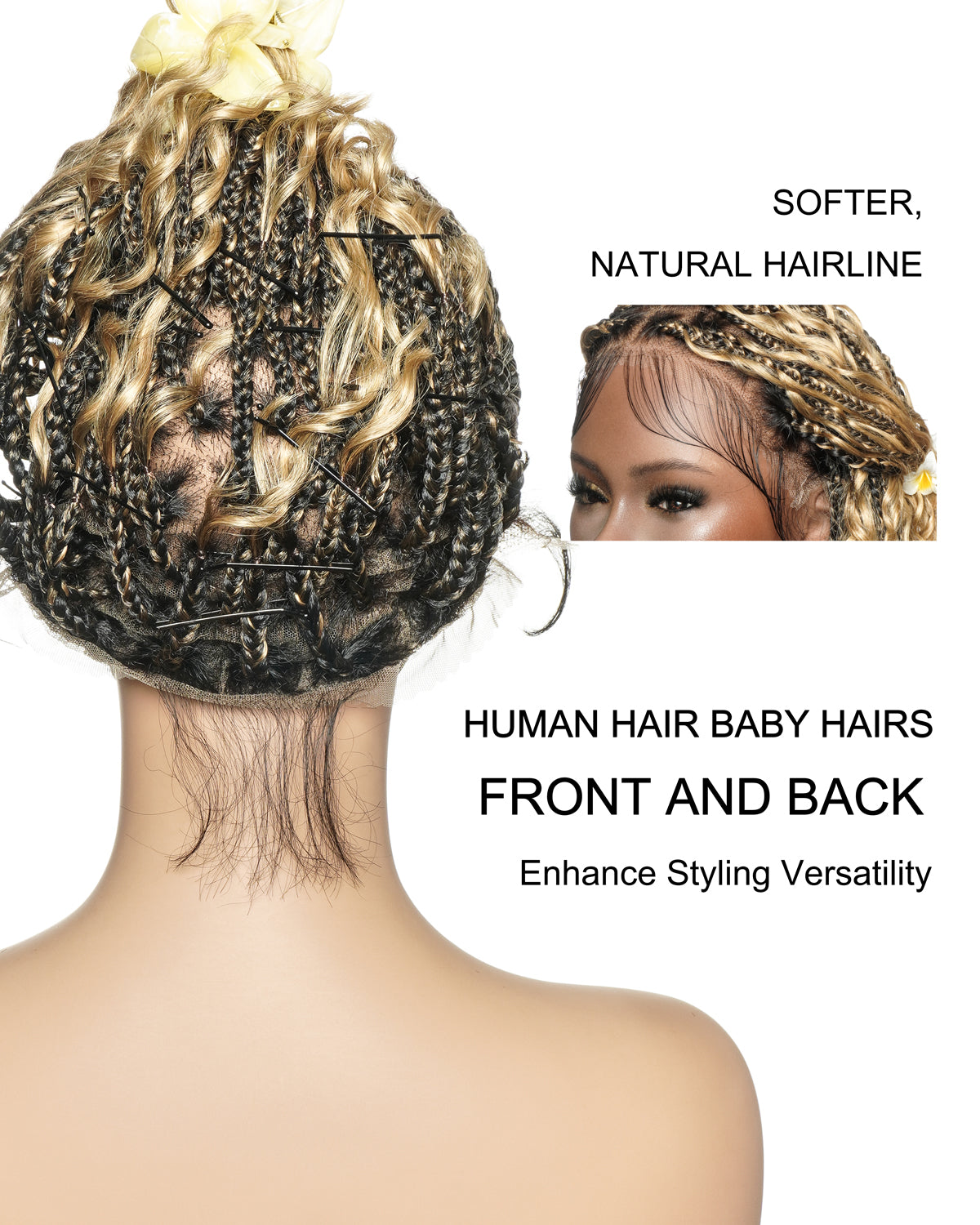 Kiki Bob - Perruque tressée carrée Boho en dentelle suisse HD pré-décolorée de 12" avec tresses et boucles Boho en cheveux naturels