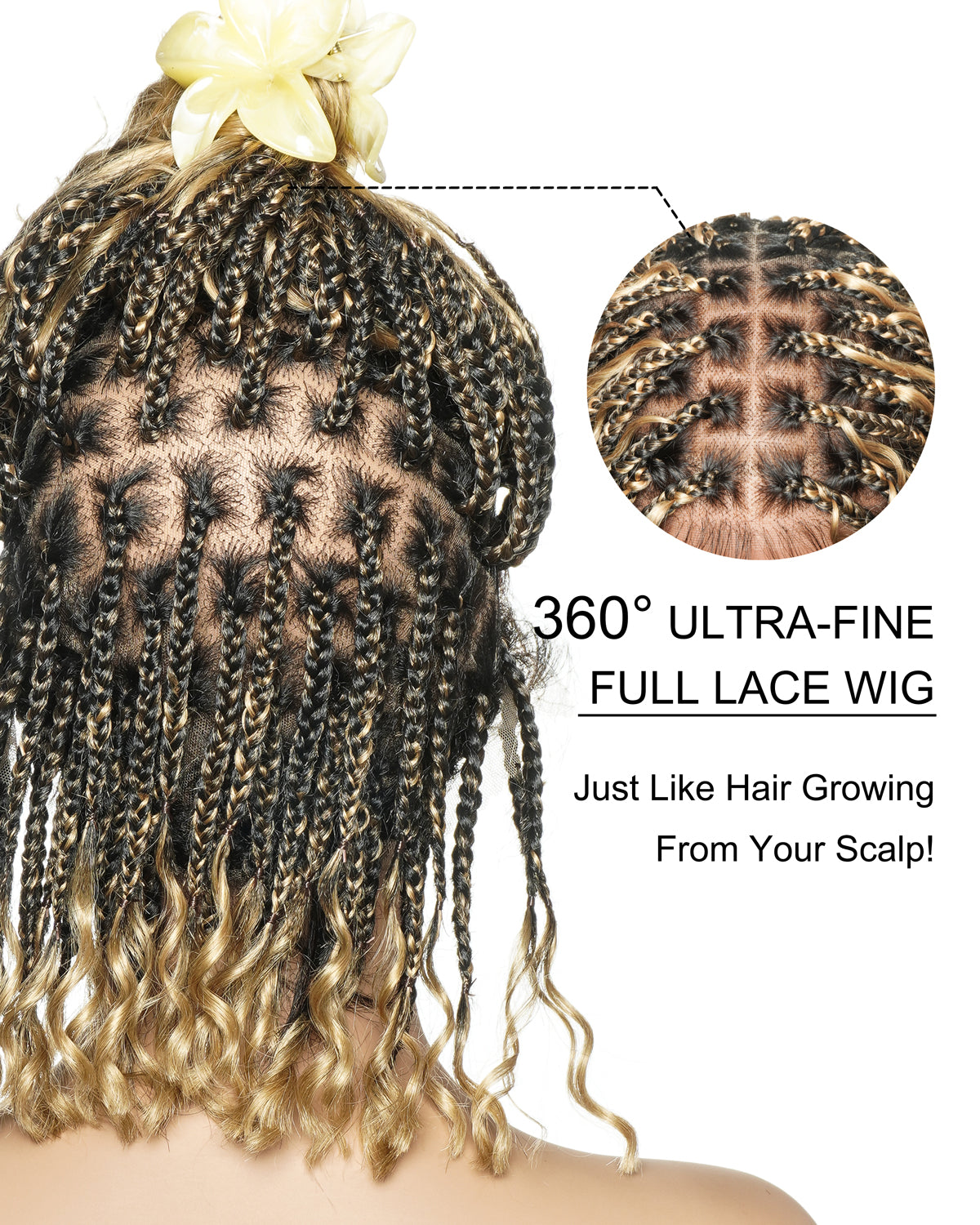 Kiki Bob - Perruque tressée carrée Boho en dentelle suisse HD pré-décolorée de 12" avec tresses et boucles Boho en cheveux naturels