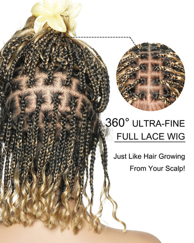 Kiki Bob - Perruque tressée carrée Boho en dentelle suisse HD pré-décolorée de 12" avec tresses et boucles Boho en cheveux naturels