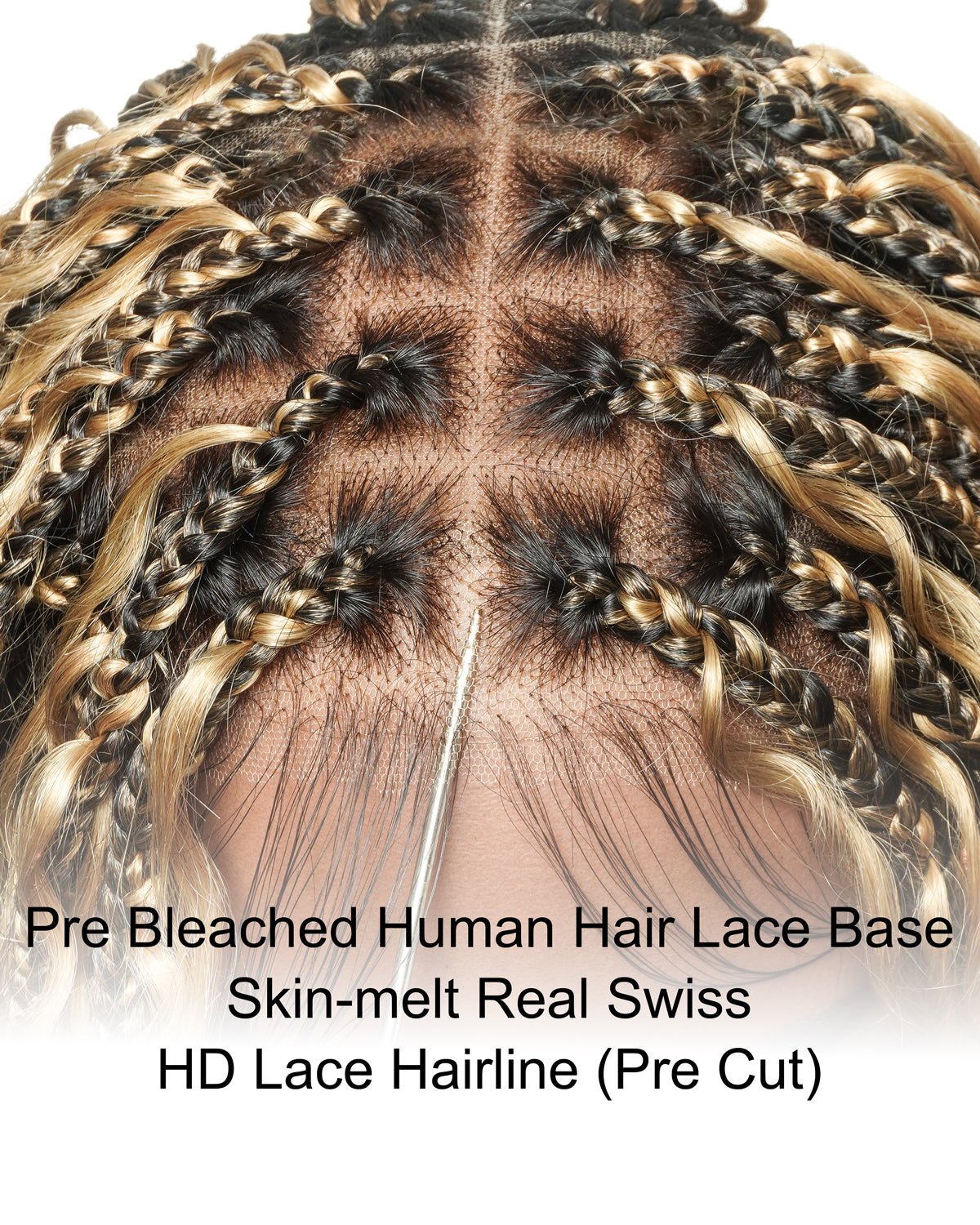 Kiki Bob - Perruque tressée carrée Boho en dentelle suisse HD pré-décolorée de 12" avec tresses et boucles Boho en cheveux naturels