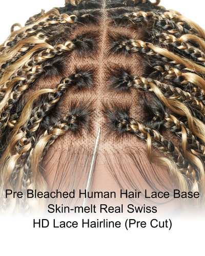 Kiki Bob - Perruque tressée carrée Boho en dentelle suisse HD pré-décolorée de 12" avec tresses et boucles Boho en cheveux naturels