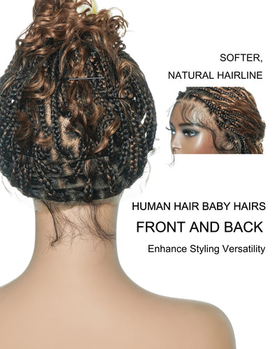 Kiki Bob - Perruque tressée carrée Boho en dentelle suisse HD pré-décolorée de 12" avec tresses et boucles Boho en cheveux naturels