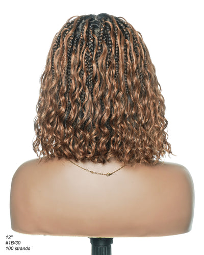 Kiki Bob - Perruque tressée carrée Boho en dentelle suisse HD pré-décolorée de 12" avec tresses et boucles Boho en cheveux naturels