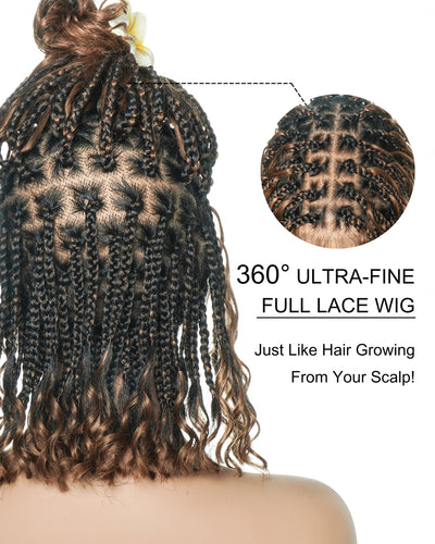 Kiki Bob - Perruque tressée carrée Boho en dentelle suisse HD pré-décolorée de 12" avec tresses et boucles Boho en cheveux naturels