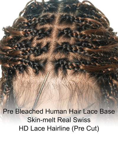 Kiki Bob - Perruque tressée carrée Boho en dentelle suisse HD pré-décolorée de 12" avec tresses et boucles Boho en cheveux naturels