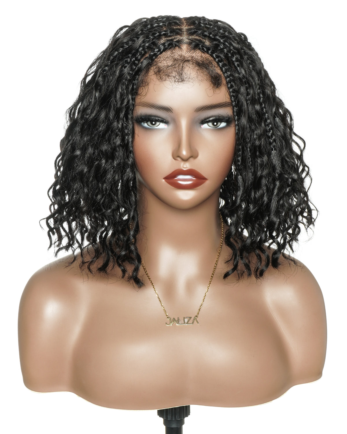 Kiki Bob - Perruque tressée carrée Boho en dentelle suisse HD pré-décolorée de 12" avec tresses et boucles Boho en cheveux naturels