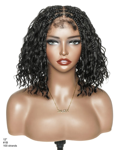 Kiki Bob - Perruque tressée carrée Boho en dentelle suisse HD pré-décolorée de 12" avec tresses et boucles Boho en cheveux naturels