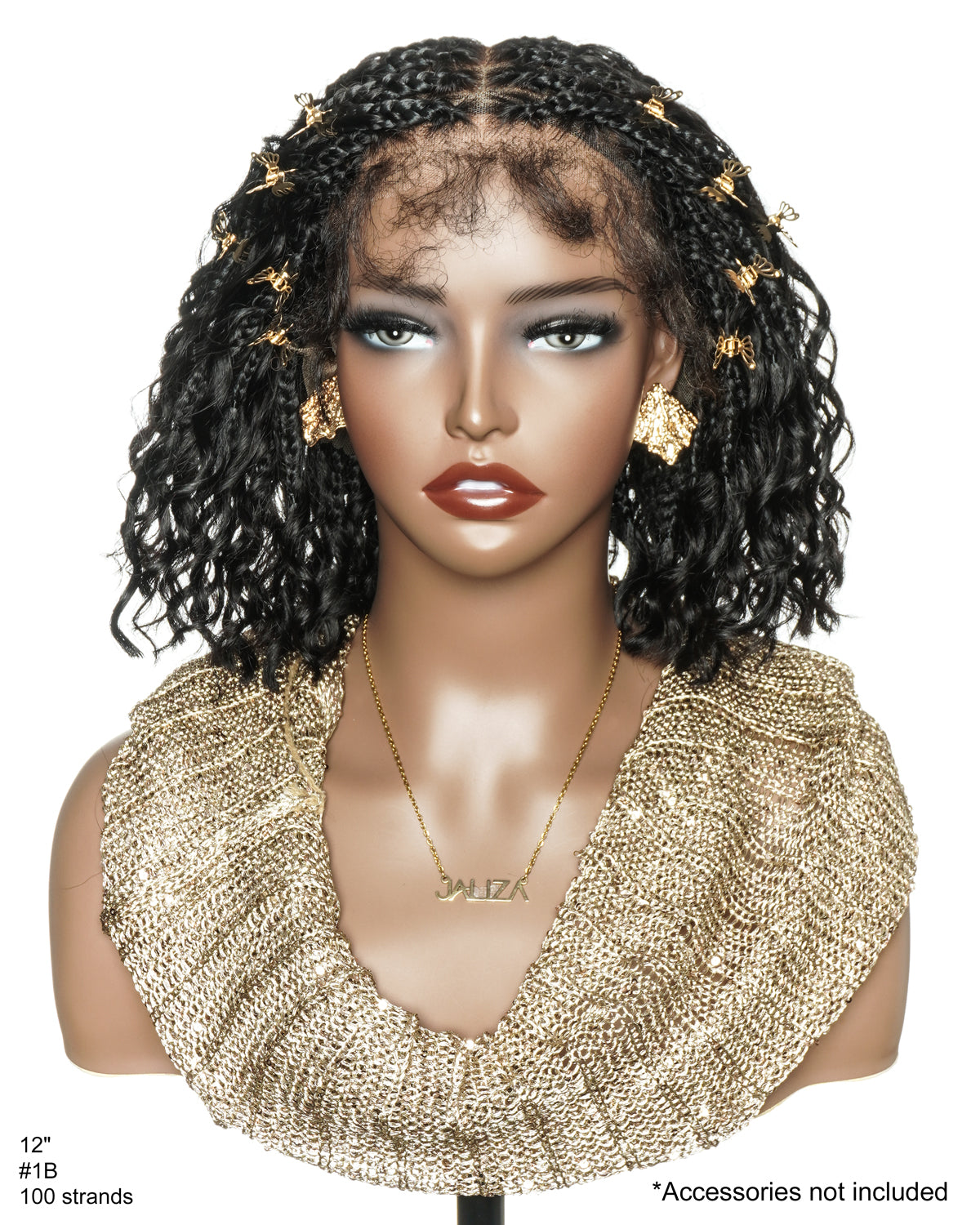 Kiki Bob - Perruque tressée carrée Boho en dentelle suisse HD pré-décolorée de 12" avec tresses et boucles Boho en cheveux naturels