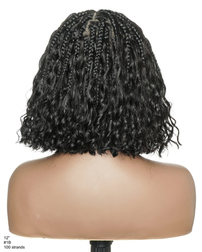 Kiki Bob - Perruque tressée carrée Boho en dentelle suisse HD pré-décolorée de 12" avec tresses et boucles Boho en cheveux naturels