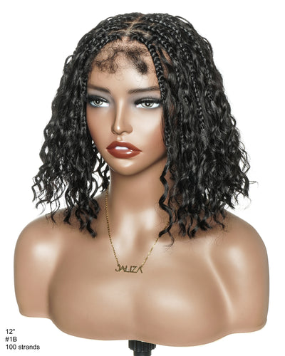 Kiki Bob - Perruque tressée carrée Boho en dentelle suisse HD pré-décolorée de 12" avec tresses et boucles Boho en cheveux naturels