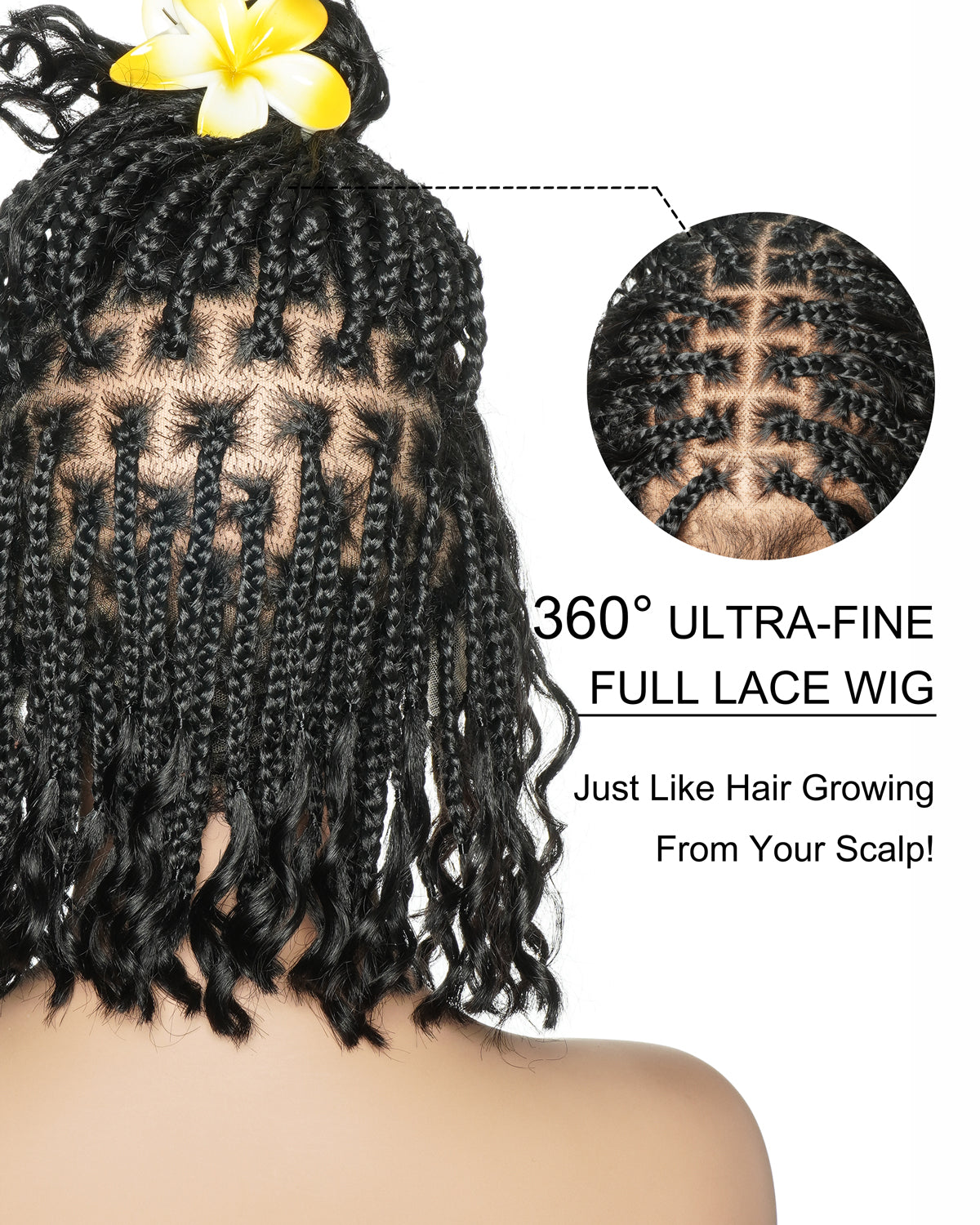 Kiki Bob - Perruque tressée carrée Boho en dentelle suisse HD pré-décolorée de 12" avec tresses et boucles Boho en cheveux naturels