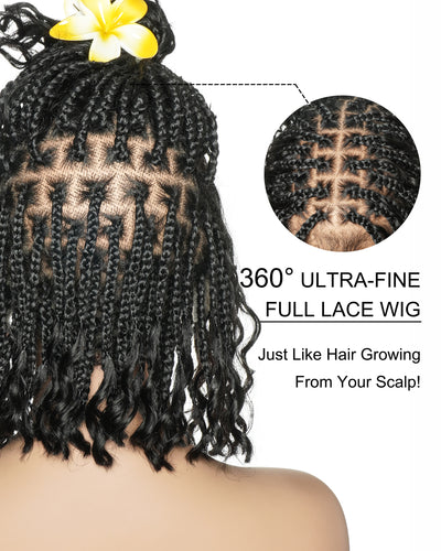 Kiki Bob - Perruque tressée carrée Boho en dentelle suisse HD pré-décolorée de 12" avec tresses et boucles Boho en cheveux naturels