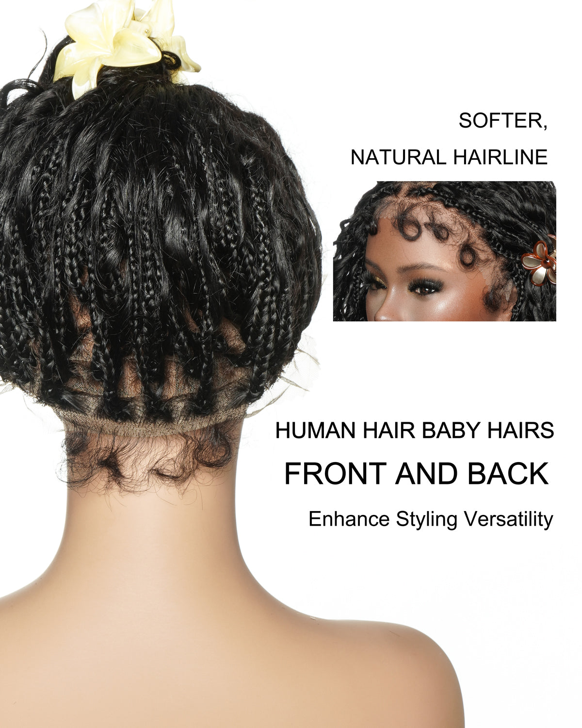 Nami - Perruque tressée de type Boho avec cordon de serrage, 100 % cheveux humains, bonnet et lace frontale suisse HD, coupe pré-coiffée, décolorée et épilée