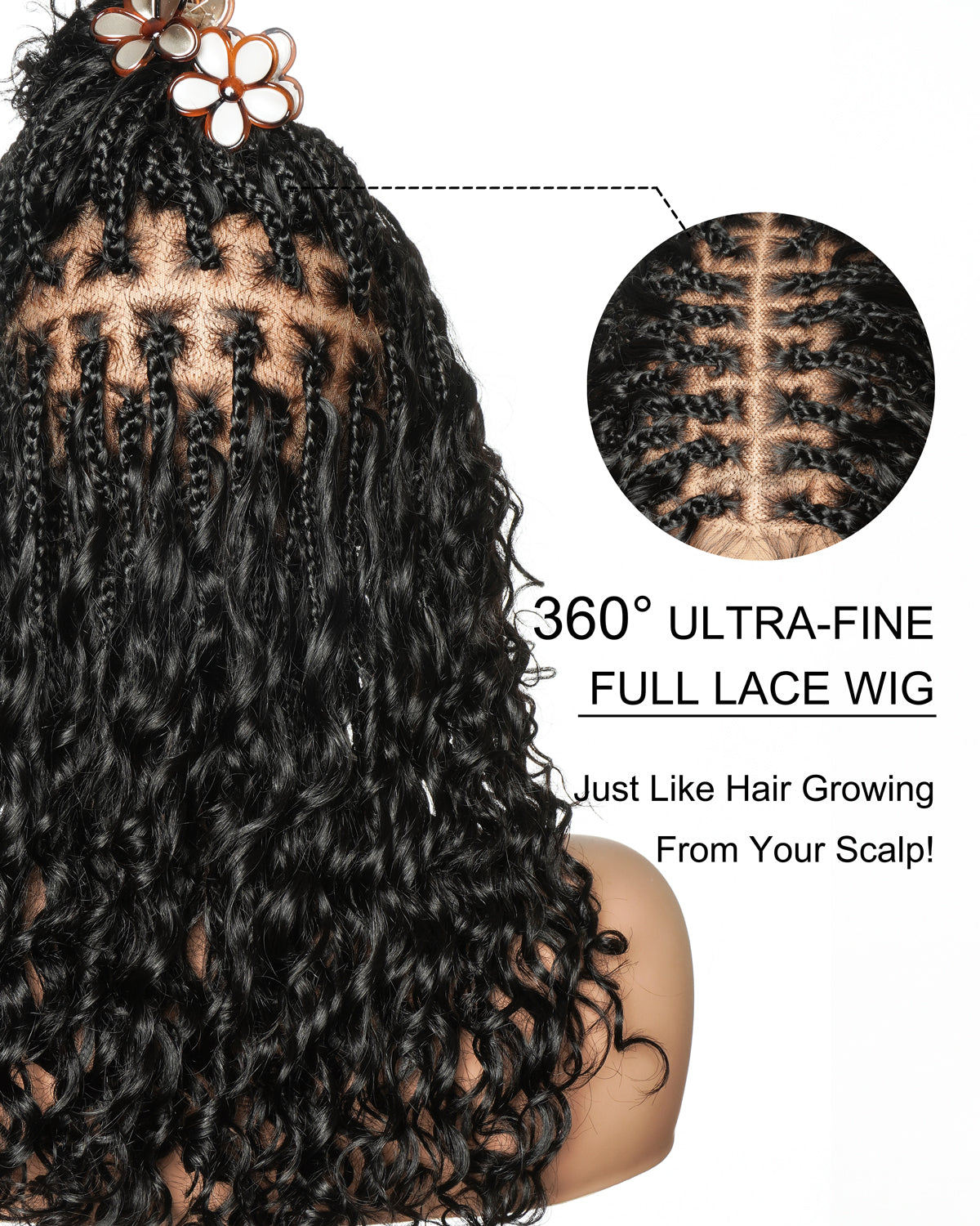 Nami - Perruque tressée de type Boho avec cordon de serrage, 100 % cheveux humains, bonnet et lace frontale suisse HD, coupe pré-coiffée, décolorée et épilée