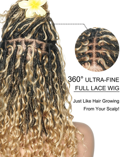 Lola - Perruque Boho Locs suisse HD pré-blanchie de 16 po avec boucles Boho en cheveux naturels