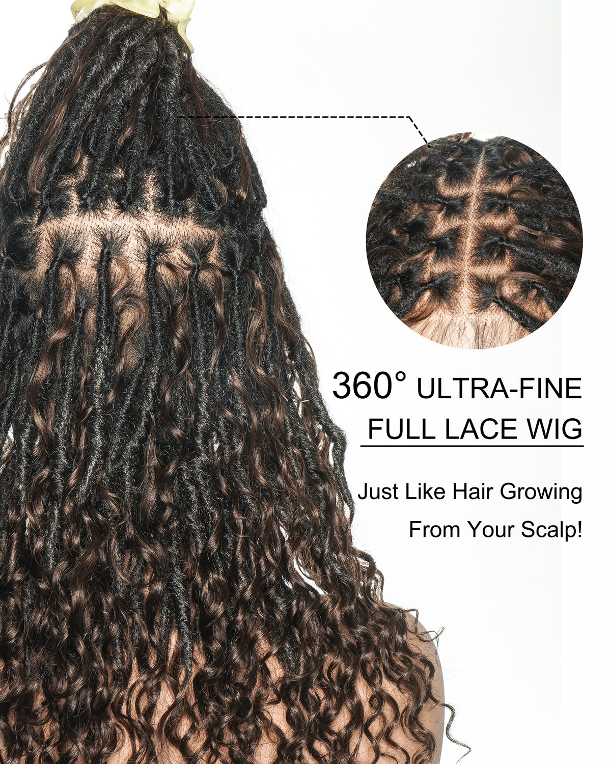 Lola - Perruque Boho Locs suisse HD pré-blanchie de 16 po avec boucles Boho en cheveux naturels